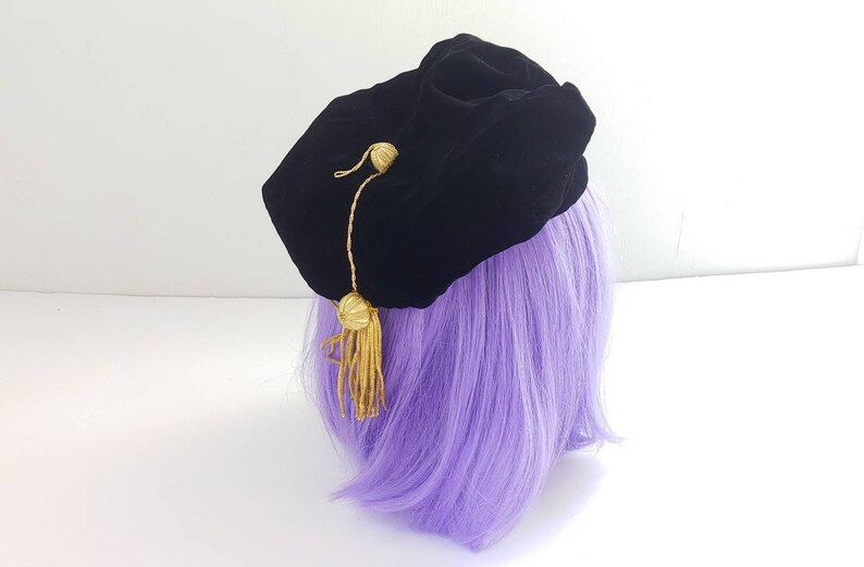 Vintage Black Velvet Beret with Gold Metal Fringe Tassel 6 34 Small