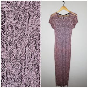 Vintage 90s Whimsigoth Purple See-Through Crochet Lace Maxi Bodycon Dress Size Small