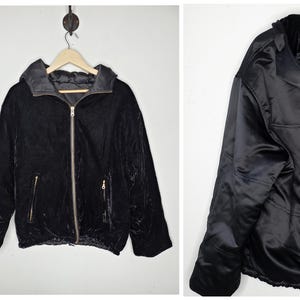 Vintage 90s Black Velvet Hoodie Zip Up Jacket Coat Reversible Small 46