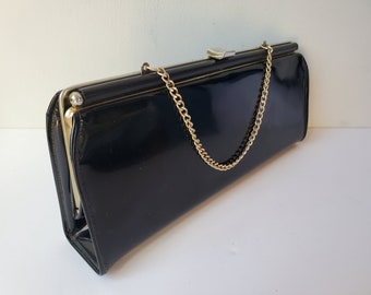 Vintage 60s Black Patent Leather Clutch Purse with chain