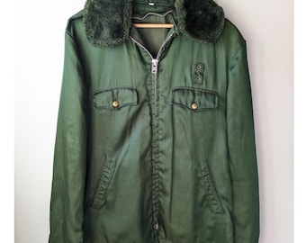 Vintage Grüne Luftfahrt Bomberjacke mit Abnehmbarer Kunstpelz Kragen 44 Männer Frauen