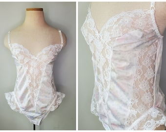 Vintage 80s Romantic Pastel Floral Lace High Cut Teddy Ashley Taylor Medium Large Bodysuit