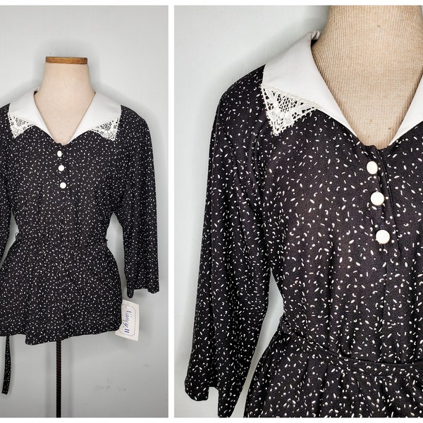 Vintage 80s Black & White Lace Collar Prairie Blouse sz 16 Nancy ll Large XL