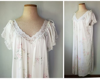 Vintage White Pastel Floral Long Nylon Nightgown Lace Butterfly Sleeve Slip Dress Miss Elaine M L S