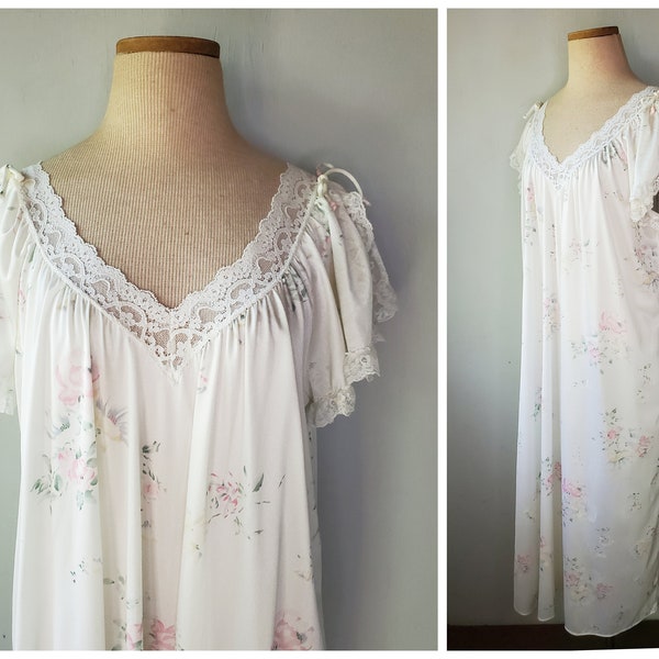 Vintage White Pastel Floral Long Nylon Nightgown Lace Butterfly Sleeve Slip Dress Miss Elaine M L S