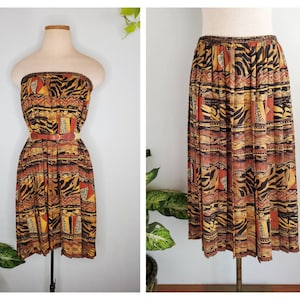 Vintage 90s Animal Mixed Print Brown Midi Skirt size 14 W Petite Small