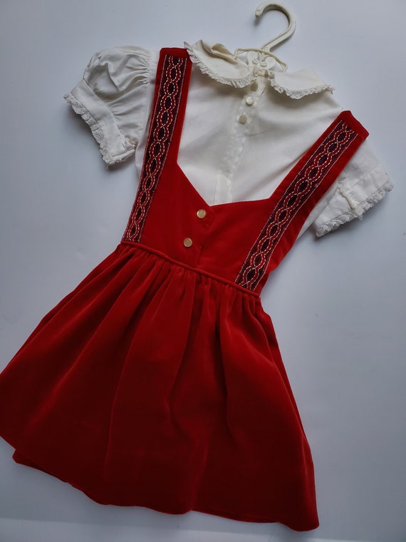 Vintage Girls Red Velveteen Pinafore Dress Outfit… - image 4