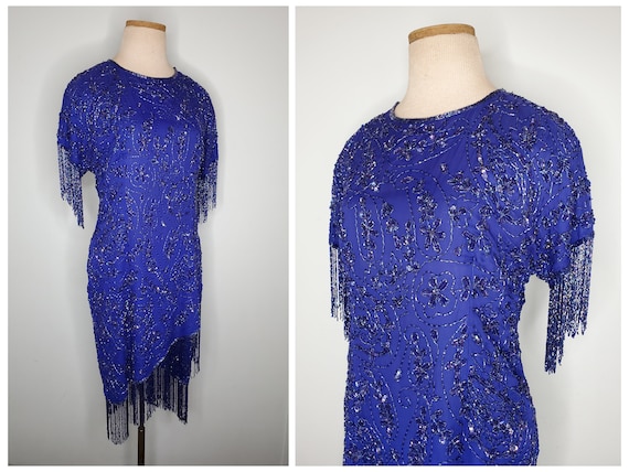 Vintage 80s Blue Silk Dolly Parton Country Glam B… - image 1