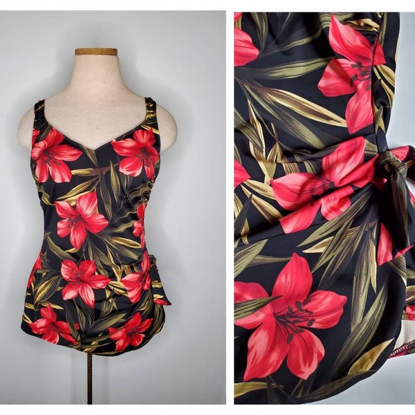 Vintage sz Large Retro Skirted Hawaiian Floral Print One Piece Bathing Suit 12 14 Red Black