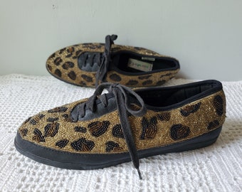 Vintage 90s Leopard Beaded Sneakers size 8.5 Colorwerks