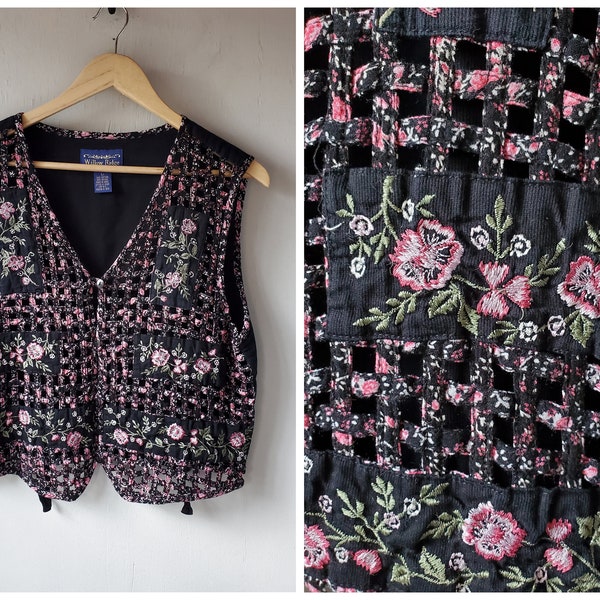 Vintage 90s Patchwork Quilted Floral Vest Women's Large Petite 40 Willow Ridge