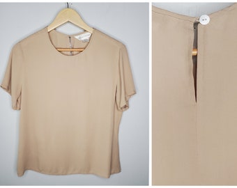 Vintage 90s Beige Silk Minimalist Short Sleeve Blouse Size 10 Casual Corner