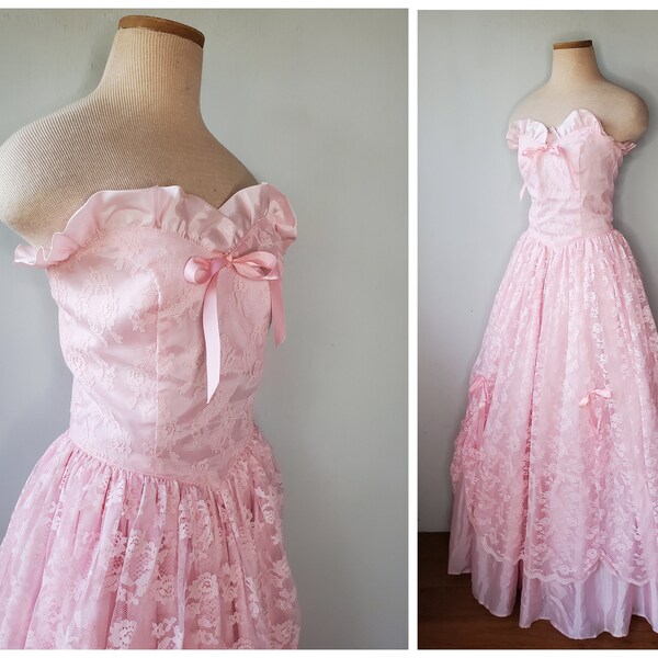 Vintage 80s Bo Peep Pink Lace Bow Southern Strapless Prom Dress Gown XS XXS As is Costume