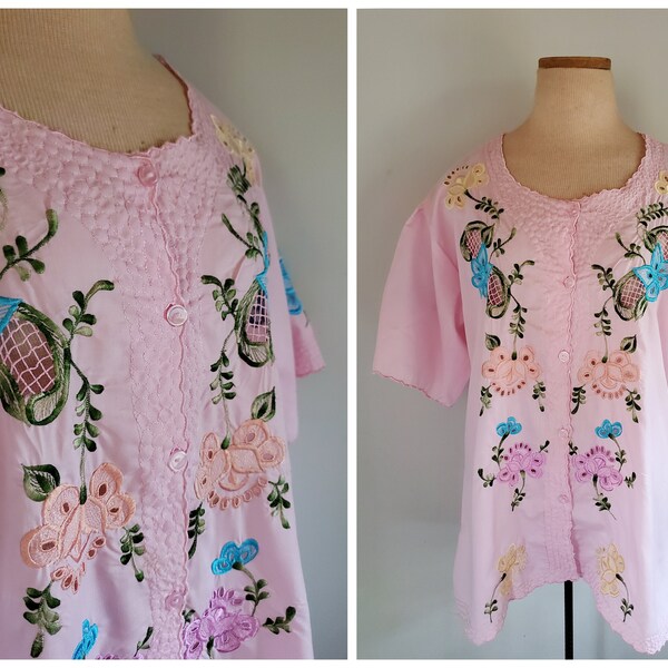 Vintage Hippie Pink Floral Embroidered Peasant Top Blouse Size 42 Large