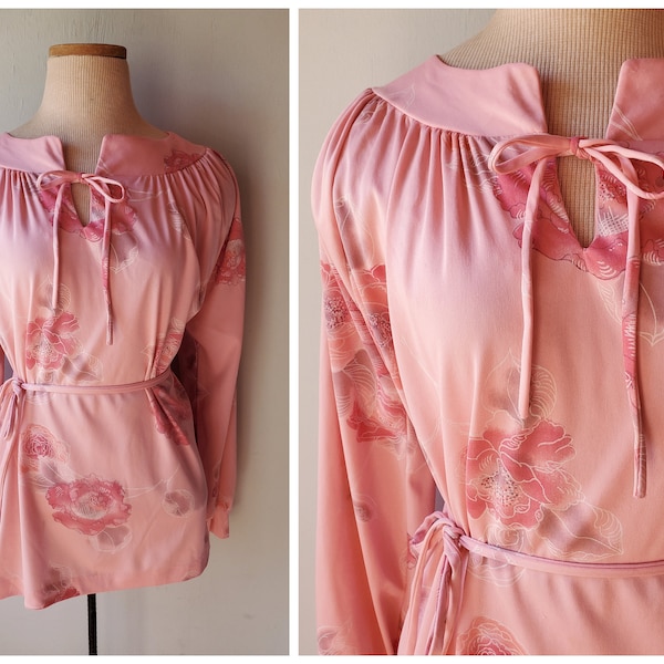 Vintage 70s Pink Floral Long Sleeve Blouse Hippie Blouse Women's Size Small