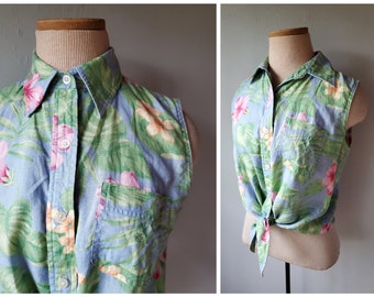 vintage Ralph Lauren Chemisier sans manches en lin à imprimé floral tropical nouant sur le devant Taille 4 Petit