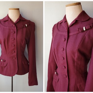 Vintage 1940s Maroon Wool Fitted Blazer Suit Jacket with Bows and Rhinestones sz Small XS