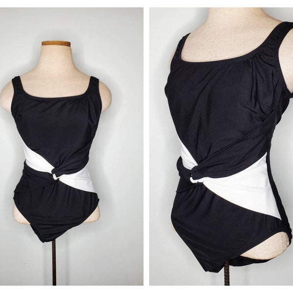 Vintage 90s sz 10 Retro Black & White Colorblock Ruched One Piece Bathing Suit