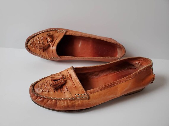 Vintage Cole Haan Brown Leather Woven Frinhe Tassel Shoes Size 6.5