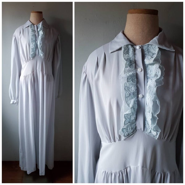 Vintage 1970s Periwinkle Blue Ruffle Lace Bib Long Sleeve Nylon Maxi Nightgown Shadowline 40 Medium