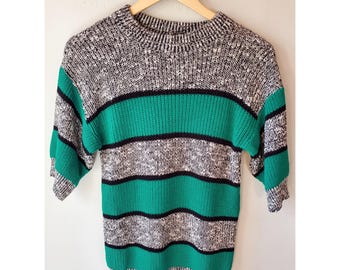 Vintage 80s Green & Gray Striped 3/4 Sleeve Knit Sweater Womens Small