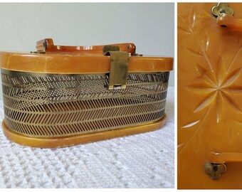 Vintage 60s Lucite Carved See Through Caged Metal Box Purse As Is