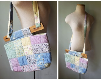 Vintage Handmade Cottagecore Pawtel patchwork Quilted Top Handle / Crossbody Purse