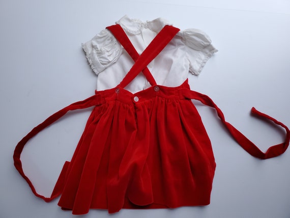 Vintage Girls Red Velveteen Pinafore Dress Outfit… - image 9