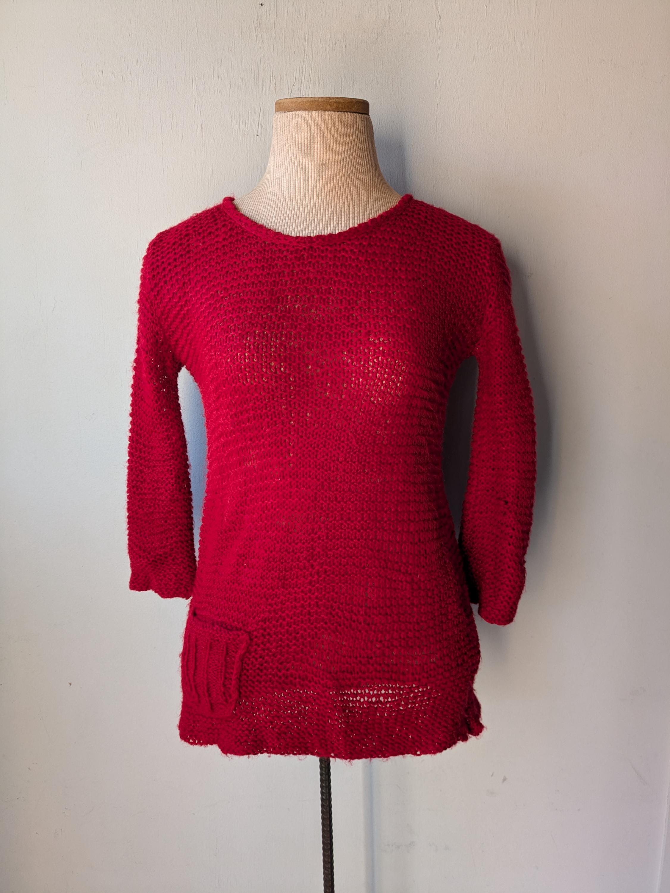Vintage Cute Red Chunky Tight Sweater With Pocket Womens Size 