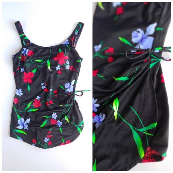 Vintage 90s Black Tropical Floral Print Tie Ruched Waist One Piece Pin up Style Swimsuit Bathing Suit Large