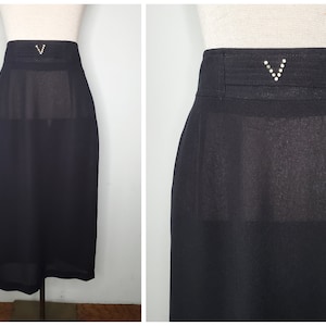 Vintage Retro Vamp Rhinestone V Black Pencil High Waisted Wiggle Skirt size 27 small