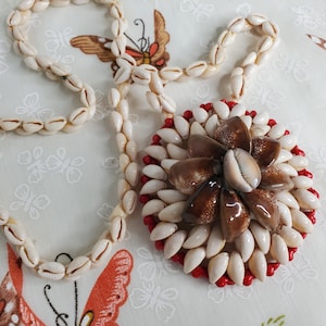 Vintage Huge Handmade Shell Pendant Real Seashell Beaded Extra Long Boho Southwestern Statement Necklace