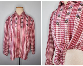 Vintage 90er Jahre Country Gingham Rot & Weiß Floral Shirt Damen Sz 40 S M L Cottagecore