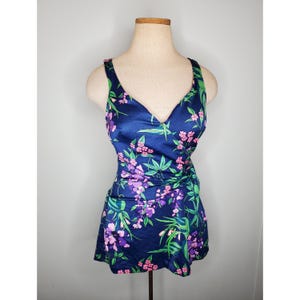 Vintage 60s Retro Pin up One Piece Floral Bathing Suit with Skirt Small