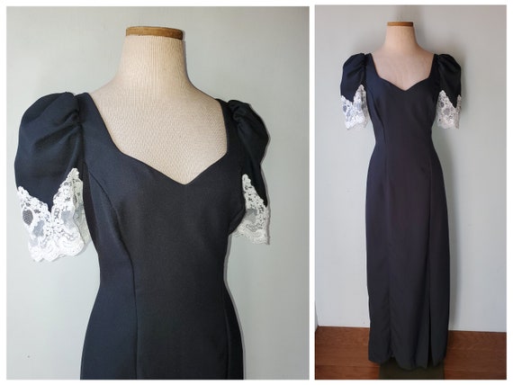 Vintage 80s Alfred Angelo Black White Lace Puff Sleeve Long Dress 11 12 Small Etsy
