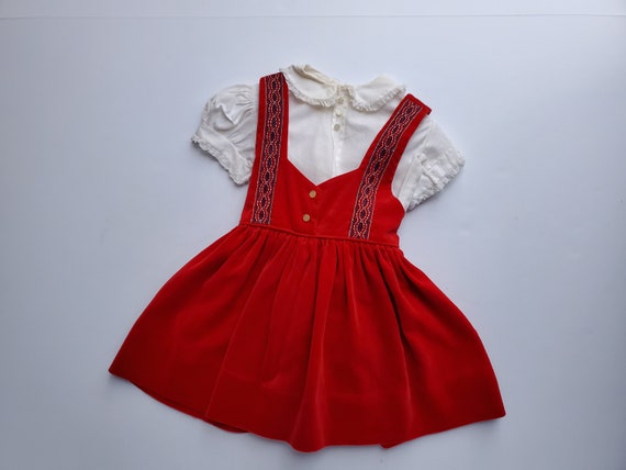 Vintage Girls Red Velveteen Pinafore Dress Outfit… - image 2