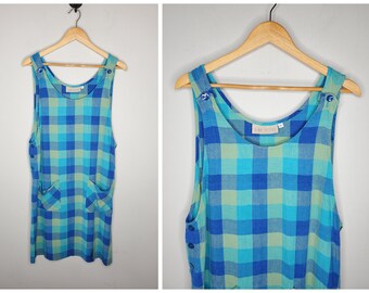 Vintage 90s Summer Plaid Short Shift Dress Sz Large