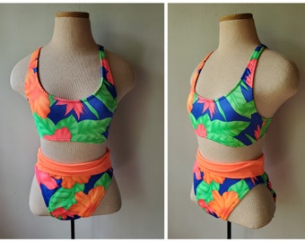 Vintage 90er Jahre Neon Floral Hawaiian Print High Waist Bikini One Piece Badeanzug Small XS