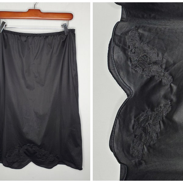 Vintage 60s Black Vanity Fair Retro Appliqué Half Slip Skirt with Scalloped Hem Large XL