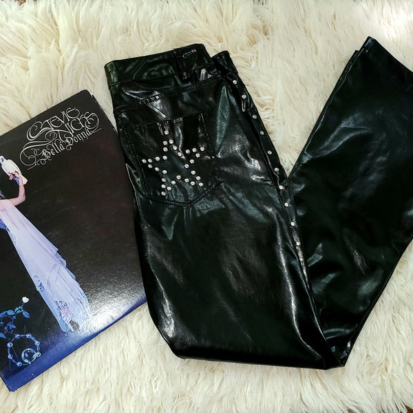 Vintage 90s Y2K Black Faux Patent Leather Goth Cyber Generation Bellbottom Pants sz 3 29