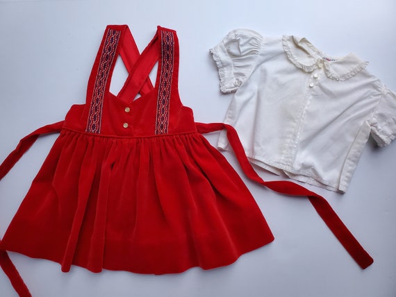 Vintage Girls Red Velveteen Pinafore Dress Outfit… - image 1