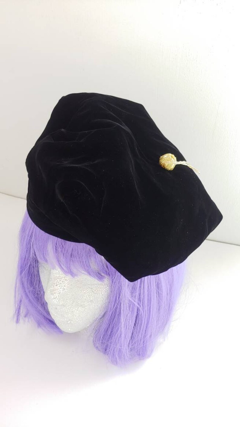 Vintage Black Velvet Beret with Gold Metal Fringe Tassel 6 34 Small