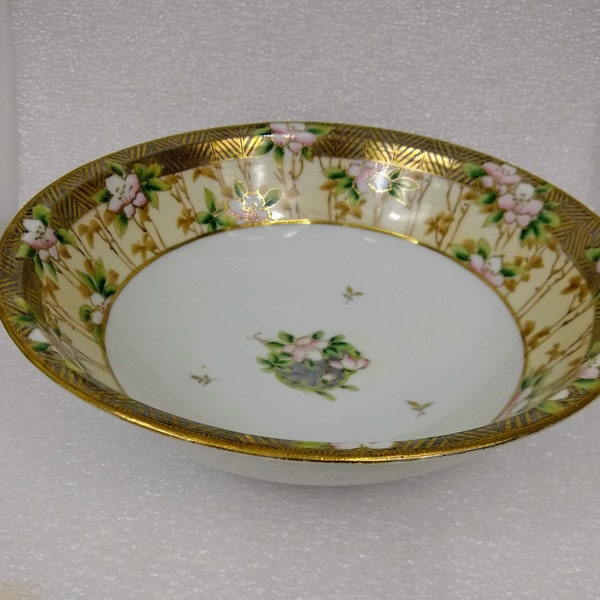 Vintage Nippon Hand Painted 10 inch Serving Bowl Trimmed in Gold with Flowers