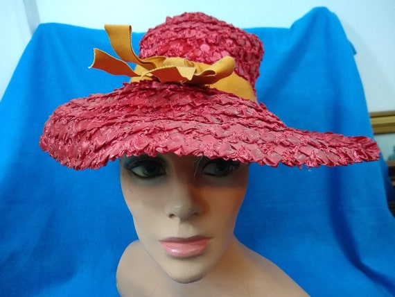 1960s Bernallen Modes  Women's Maroon Straw Hat S… - image 1