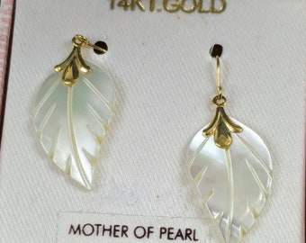 14k Yellow Gold Mother of Pearl Leaf Dangle Earrings Jewelry Box Included - Brand New