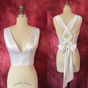 Athena Bodice, Adjustable Size Plunging Neck Corset Back Top in White Charmeuse, Minimalist Bridal Separates