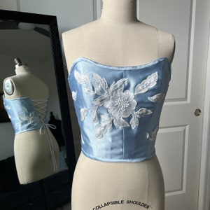 Sky Corset | Something Blue Bridal Top | Floral Lace Appliqué Lace Up Back | Wedding Elopement Rehearsal Reception | Handmade in USA