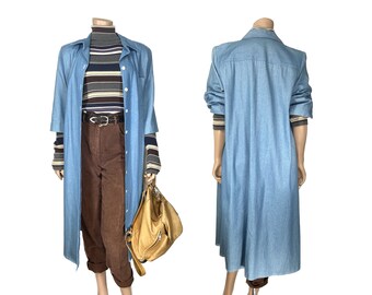 Vintage Denim Duster Dress // Long Denim Duster // Women's Medium / Large Denim Overcoat // 1250