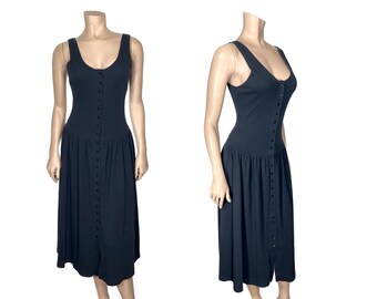 Black Tank Dress // Vintage Black Jersey Cotton Drop Waist Button Down Dress // Size Small Black Dress // 1052