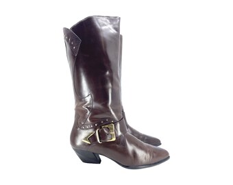 Size 7.5 Tall Brown Boots with Gold Details and Buckle and Low Kitten Heel by Wild Pair // Funky Brown Boots // 1346